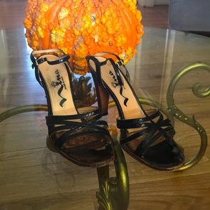 Vintage | black and wood snakeskin sandal heels